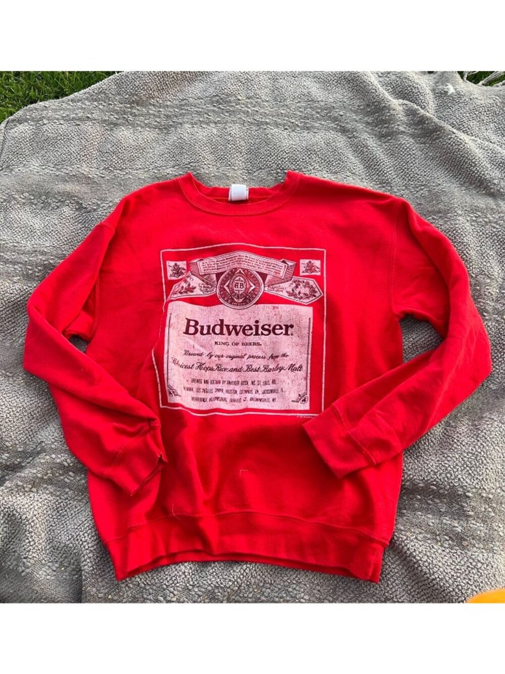 Red Budweiser sweatshirt, oversized small junk food tee
